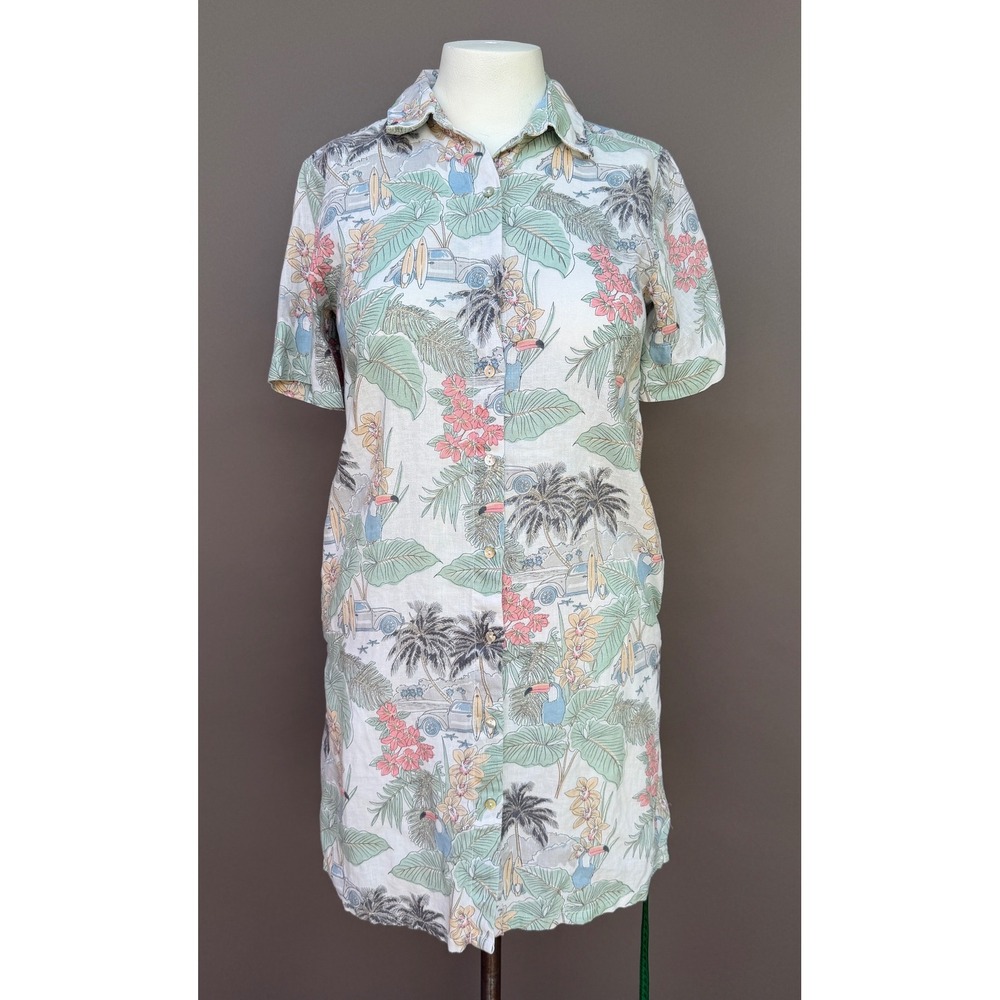 C&C California Linen Tropical Shirt Dress XS White Floral Toucan Surf Coastal